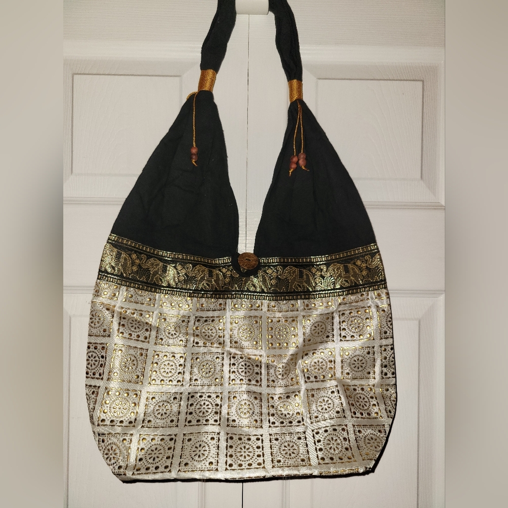 ONE WORLD Black and Gold Hobo Bag
